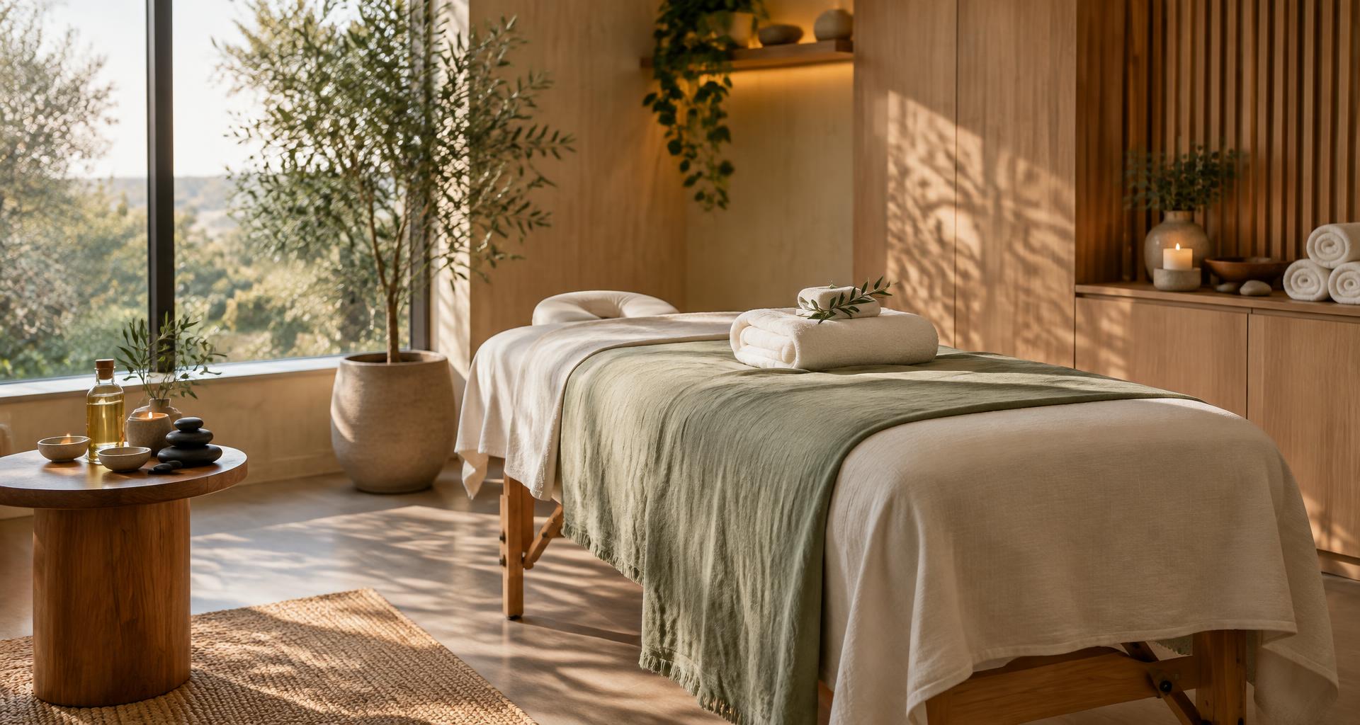 A peaceful massage treatment room with soft linens and natural light