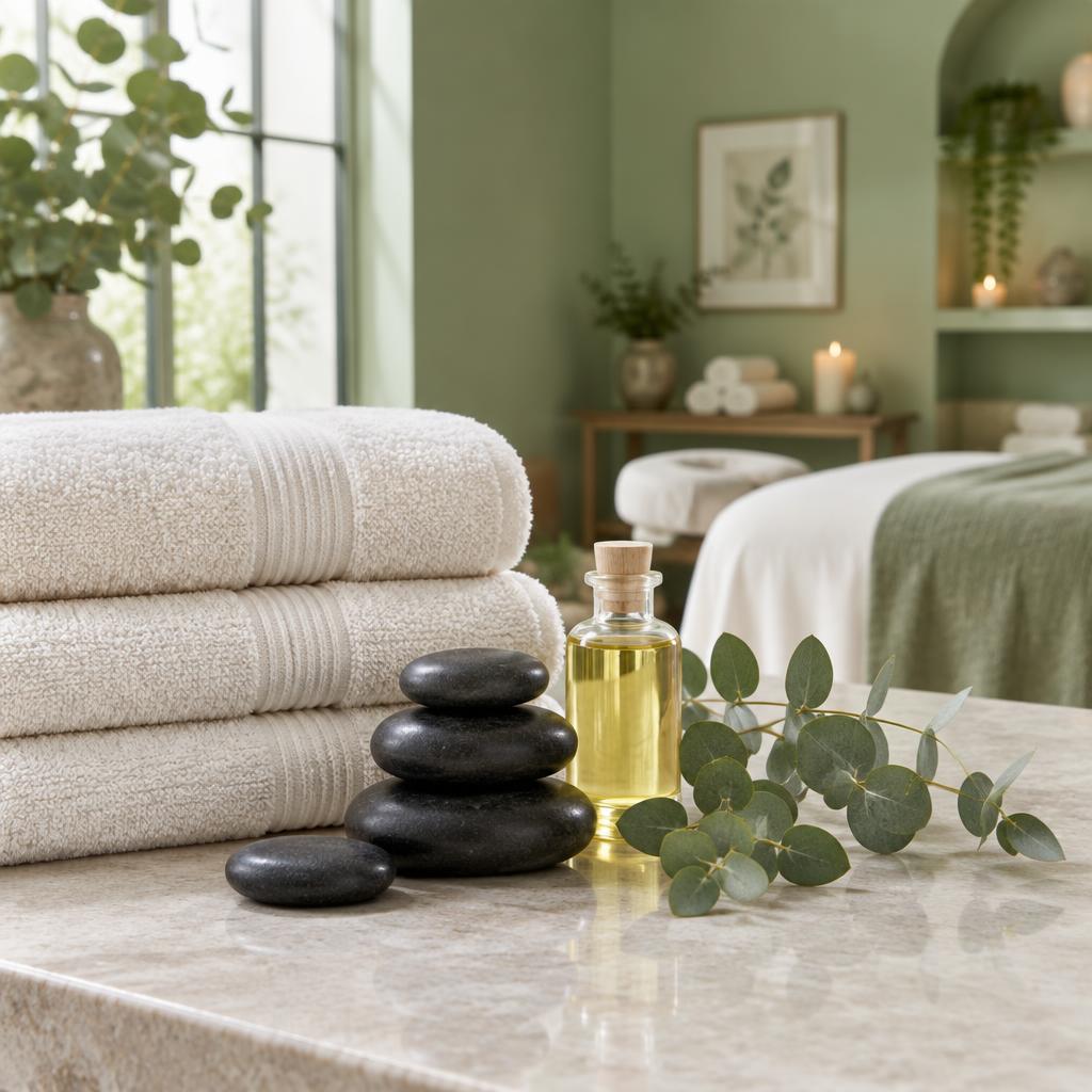 Massage stones, fresh towels and botanical oils in a tranquil spa setting